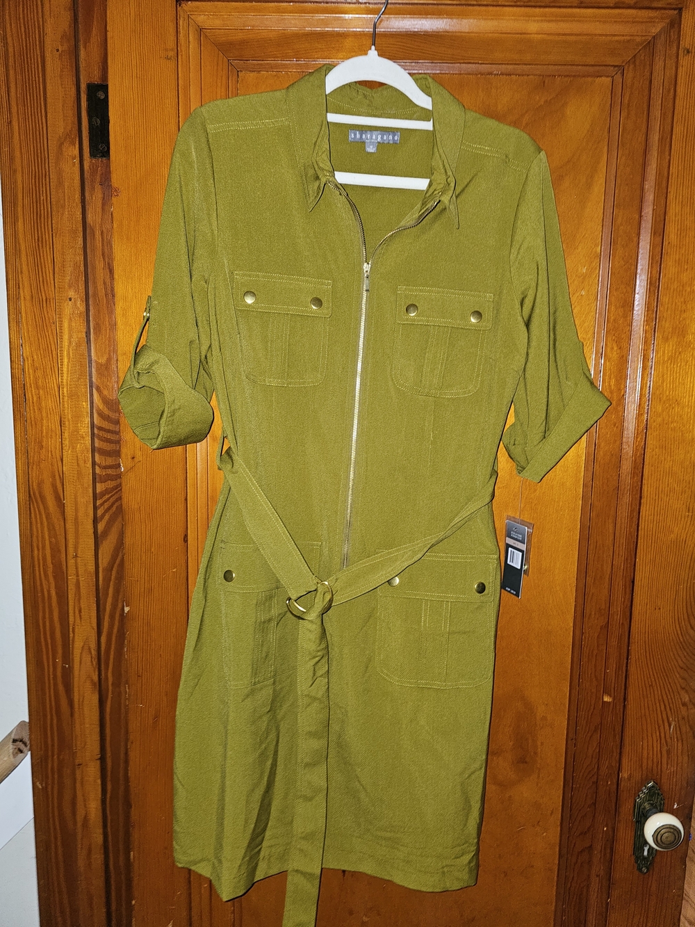 Sharagano Olive Utility Zip-Front Belted Shirt Dress 12 NWT - Picture 2 of 9
